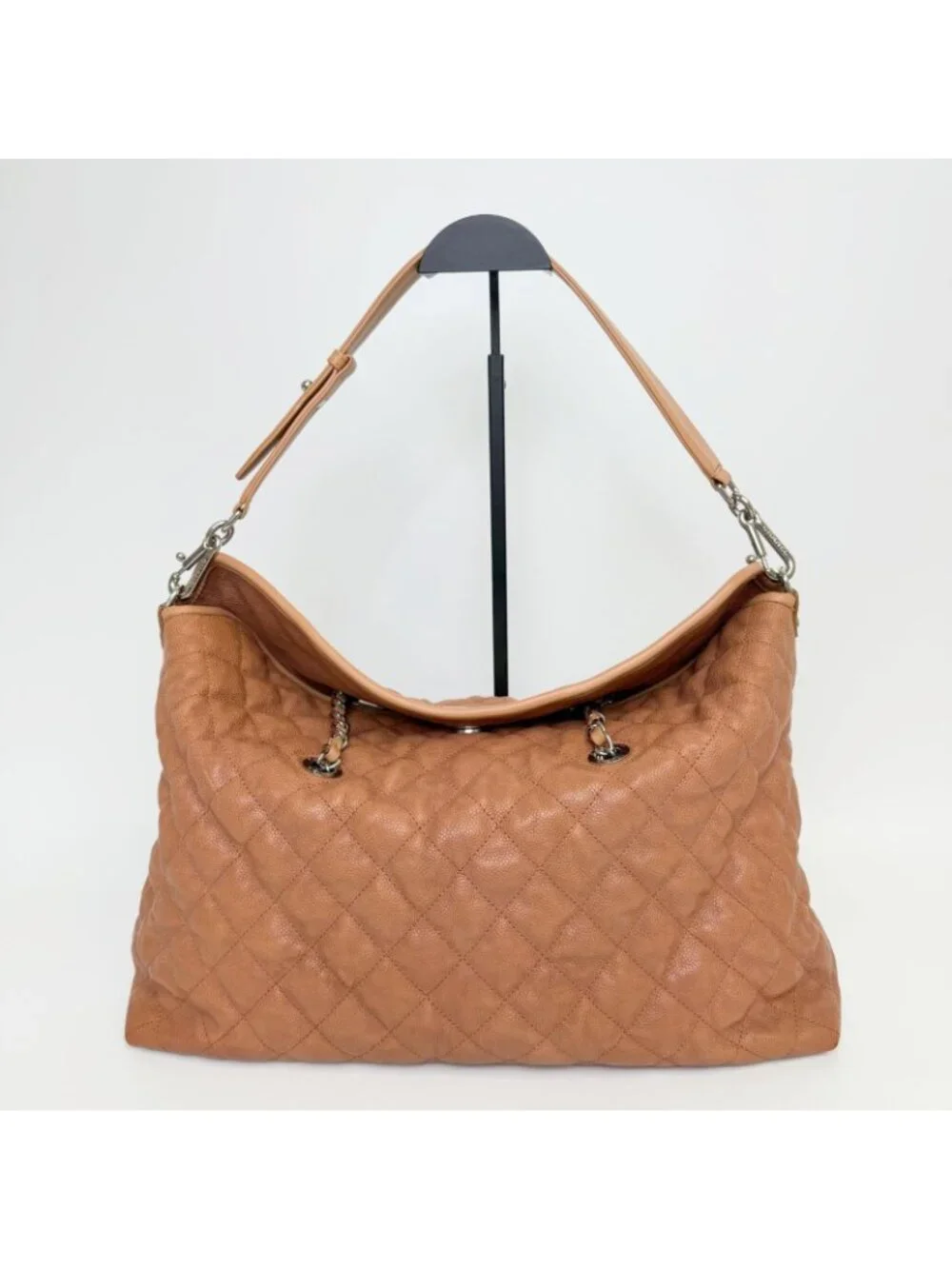 Chanel CC Logo Quilted 2-Way Chain Shoulder Bag Caviar Leather Camel Brown Seal